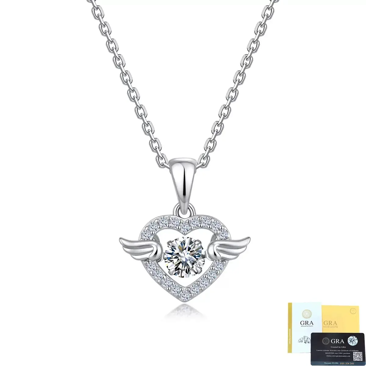 Angel Wings Heart Moissanite Pendant Necklace