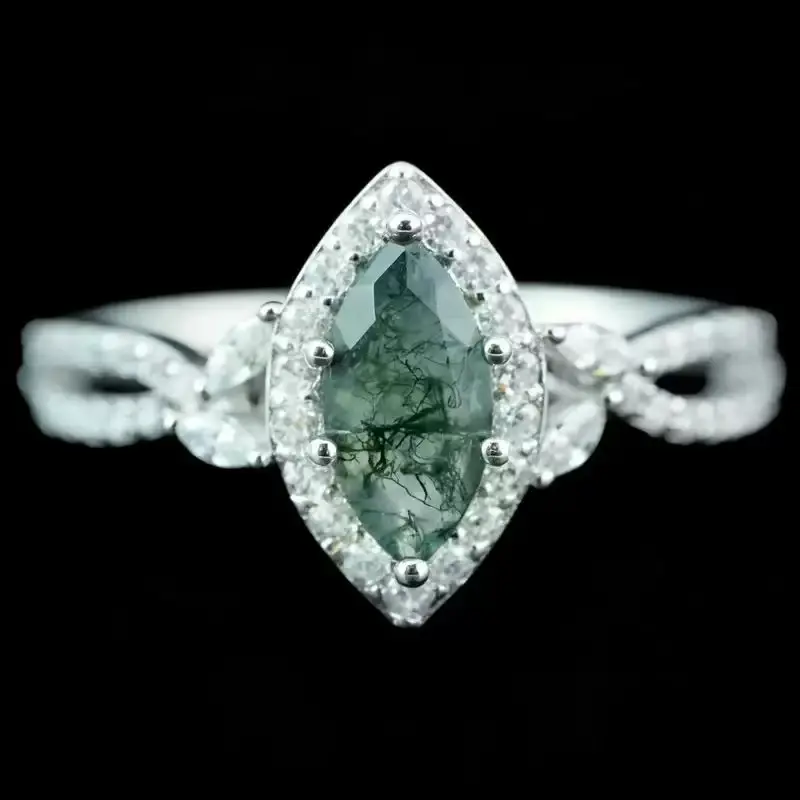 Marquise Moss Agate Pavé Ring in Sterling Silver