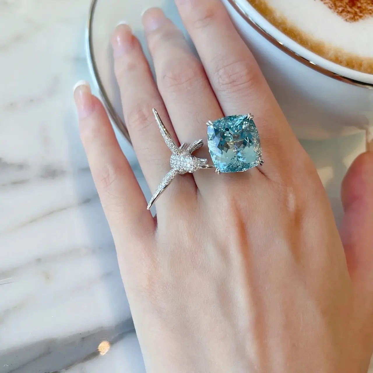 Blue CZ Seagull Open Adjustable Ring